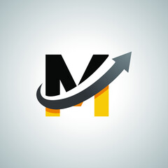 Wall Mural - Arrow letter M logo design, creative letter mark suitable for company brand identity, business chart/graph logo template swoosh logo, black and yellow concept.