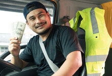 Happy Smiling Asian Men Owner Truck Driver Holding Banknote Wage Transportation Currency US Dollar