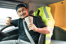 Happy Smiling Men Truck Driver Holding Banknote Wage Transportation Currency US Dollar