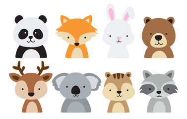 Poster - Cute forest woodland animals including a panda, fox, bear, deer, koala, rabbit, bunny, squirrel, and raccoon. Vector illustration of forest animal heads and faces.