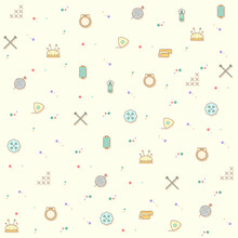 Vector Illustration Of A Cute Sewing And Handmade. Collection Of Tailor, Knitting, Fabric, Leather, Acrylic, Textile, Wool, Cotton, Pin, Button And Other Elements. Isolated On Beige.