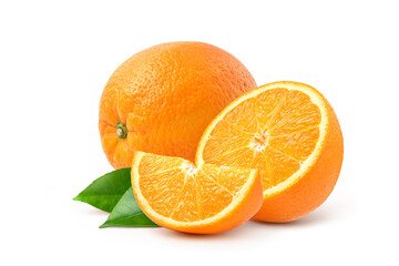 Wall Mural - Orange fruit with cut in half and slices isolated on white background.