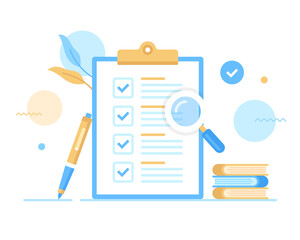 Poster - checklist. vector illustration. clipboard and check list with check marks, pen, books and magnifying
