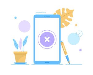 Poster - Mobile phone with x mark on screen. Smartphone and cross mark. Vector illustration. Error, failed payment, mistake, exit app, close button concepts