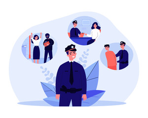 Poster - Process of police officer catching thief. Policeman listening to robbed woman and arresting criminal flat vector illustration. Occupation, security, justice concept for banner or website design