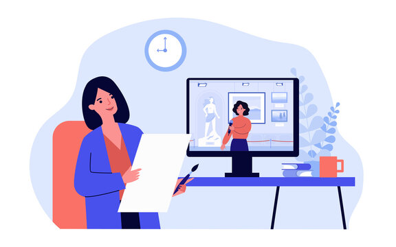 Female artist watching museum exhibition online. Guide on computer screen presenting exhibits flat vector illustration. Technology, online gallery concept for banner, website design or landing page