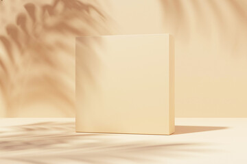 Podium with natural, square stand on pastel light stucco background with plant and shadow on the wall, Mock up for exhibitions, presentation of products, 3d render