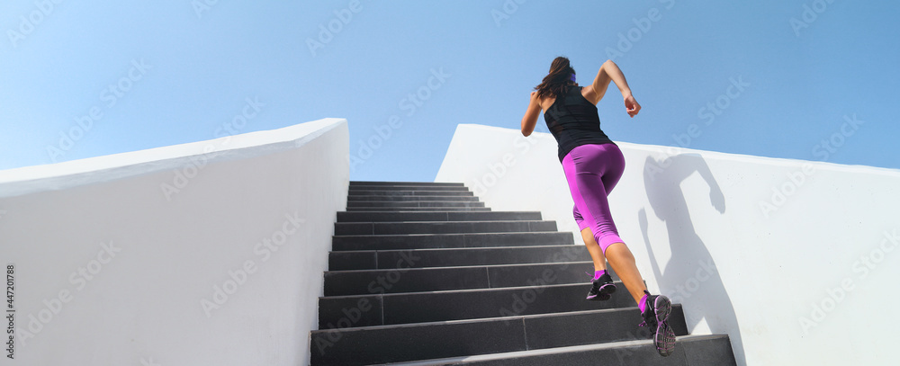Stairs running workout athlete runner woman jogging doing hiit step up staircase high intensity interval training. Panoramic banner of active people lifestyle. - obrazy, fototapety, plakaty 