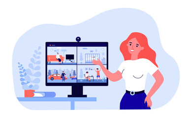 Poster - Female security service worker showing screen with CCTV footage. Videos of people at home and outside on monitor flat vector illustration. Surveillance, protection concept for banner, website design