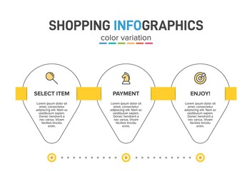 Concept of shopping process with 3 successive steps. Three colorful graphic elements. Timeline design for brochure, presentation, web site. Infographic design layout.