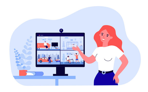 Female security service worker showing screen with CCTV footage. Videos of people at home and outside on monitor flat vector illustration. Surveillance, protection concept for banner, website design