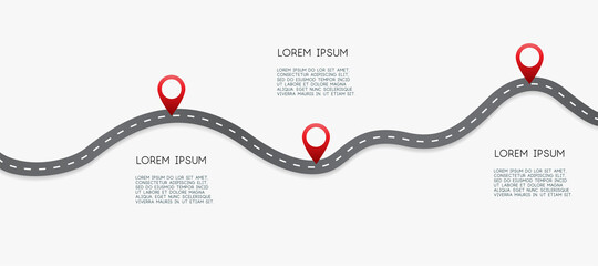 Infographic design template with place for your text. Asphalt road with three pin on it. illustration.