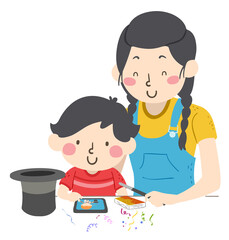 Sticker - Illustration of Kid Boy Watching Magic Tricks on the Tablet. Teen Sister Teaching Basic Magic, Holding Magic Wand with Top Hat, Magic Cards and Confetti on the Table