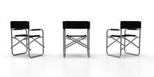 Directors Chairs 3d Render Of Three Aluminum Constructed Folding Directors Chairs With Black Seat Material And Black Back Rests With Stitch Lines Isolated On A White Background, Back View.