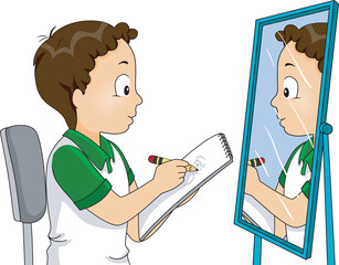 Canvas Print - Kid Boy Draw Self Mirror Pencil Illustration