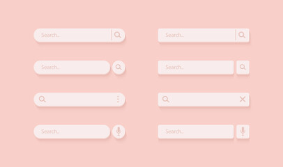 3D search bar. Browser button for website and UI design. Set of different search form templates. Vector illustration on soft pink background.