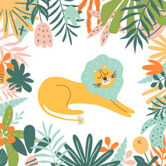  Lion in jungle. Wild animal illustration with jungle plants. Bright zoo postcard. Sweet jungle lion