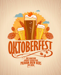 Wall Mural - Oktoberfest poster with beer on a wooden backdrop.