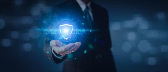 Data or network protection, businessman press shield icon, web button, virus cyber security. Insurance Digital crime by hacker concepts. Information security against viruses, System binary Matrix.