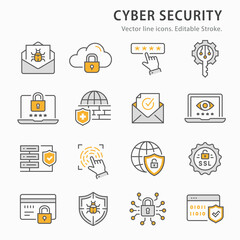 Sticker - Cyber security icon set. Collection of antivirus firewall, verification, digital key and more. Vector illustration. Editable Stroke.