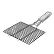 BBQ grill grid barbecue outline vector icon, drawing monochrome illustration. Manual grill grate with wooden handle