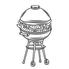 Poster - BBQ grill with and steak icon outline vector icon, drawing monochrome illustration. Round kettle barbecue grill.