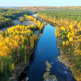 Fototapeta Łazienka - river autumn view from drone forest, landscape panorama aerial view