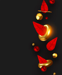 Poster - Abstract minimal design with realistic 3d objects. Modern material art templates. Background with falling leaves and golden geometric shapes torus and balls. Vector illustration.