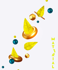 Poster - Abstract minimal design with realistic 3d objects. Modern material art templates. Background with falling leaves and golden geometric shapes torus and balls. Vector illustration.