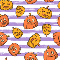Wall Mural - Halloween seamless pattern on striped background with pumpkins for wrapping paper, textile prints, scrapbooking, apparel, wallpaper, etc. Funny faces pumpkins. 