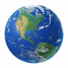 Wall Mural - Realistic planet Earth with clouds isolated on a white background. Earth globe on white backdrop. View from space at America. 3D illustration