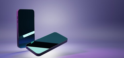 Poster - Cellphone in perspective and angle view. Mockup smartphone with blank screen isolated on purple, ultraviolet background. Realistic 3d illustration mobile device with empty display, ad promo banner