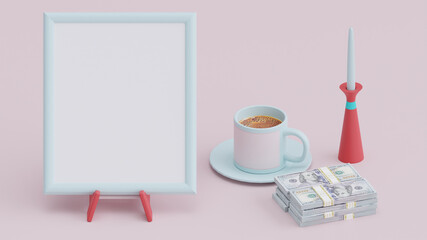 Poster - 3D rendering of a blank board with a cup of coffee, cash money, and a candle on the side