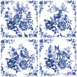 Vintage hand drawn seamless pattern with Fairytale forest and wild animal. roses flower line graphics. fashion textile design Indigo color. 