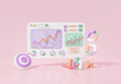 © N ON NE ON - Chart screen analytics Optimization Stock market price action To invest business development concept. graph planning, consulting on pink background. 3d render. illustration