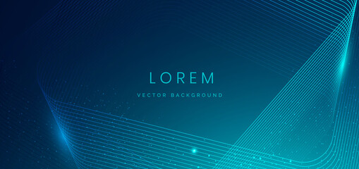Abstract technology digital lighting futuristic glowing blue light lines wave with light blue particles background.
