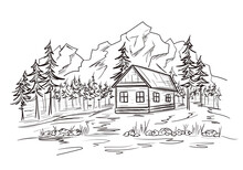Mountain Landscape With Wood Cabin In Line Sketch Style. House On The River Bank In A Pine Forest.  Tourism, Outdoor Recreation By The Lake. Isolated Vector Illustration