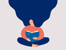Happy Woman Sits And Reads The Book With Enjoy. Book Therapy Session. Mental Health Concept. Vector Illustration