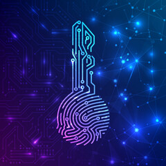 Leinwandbilder - Fingerprint biometric circuit key for identification on hardware and software information system. Abstract futuristic technology background. Vector