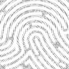 Leinwandbilder - Binary code by fingerprint shape. Cyber security technology. Digital verification information. Black digits on white background. Vector