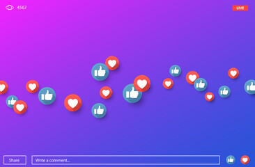 Poster - Social nets blue thumb up like and red heart floating web buttons isolated on white background. Like, smile and heart icons for live stream video chat likes falling background vector template