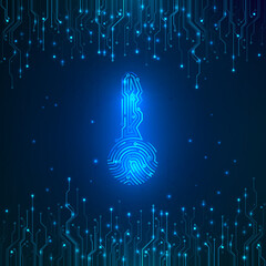 Poster - Cyber security id concept. Fingerprint in key shape with circuit background. Security cryptocurrency technology. Authorization futuristic system. Vector