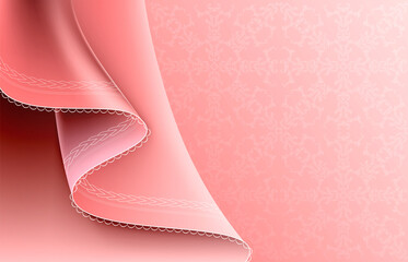 Luxurious pink background. The fold of the fabric is decorated with a white pattern.