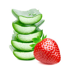 Wall Mural - Strawberry and pile of aloe vera slices isolated on white background