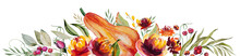 Watercolor Autumn Border Made Of Pumpkin, Berries, Flowers And Leaves