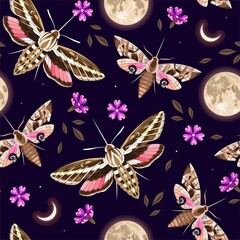 Wall Mural - Vector seamless pattern with moth and flowers