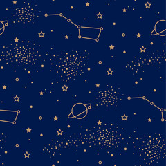 Seamless pattern with magic night sky. Gold planet, stars and constellations on a dark blue background. Ursa Major in space.