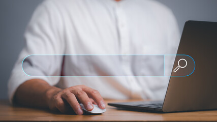 Aufkleber - SEO Data Search Technology Search Engine Optimization. man's hands are using a computer laptop to find what they are interested in. Searching for information with your website. internet networking.