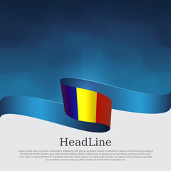 Romania flag background. Romanian flag wavy ribbon on blue white background. National patriotic poster. Vector tricolor brochure design. State banner of romania, cover, flyer