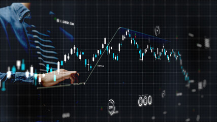 Poster - Business and finance investment concept, stock exchange market candlestick finance graph chart analysis graphics user interface, man using laptop computer.